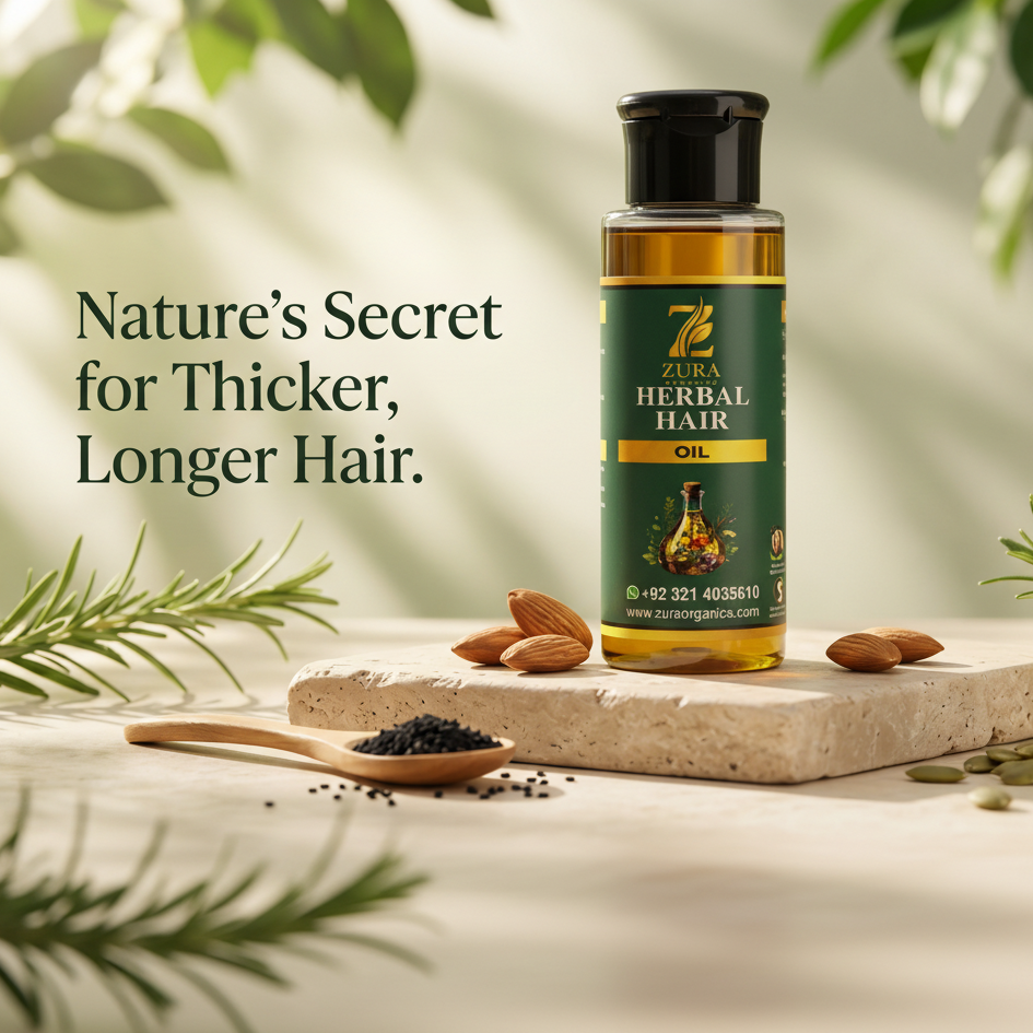 Zubia Herbal Hair Oil bottle on a wooden surface with nature-themed elements